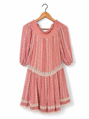 Floreat Anthropologie Pink Cottagecore Mini Dress Sz S Peasant Coquette Feminine